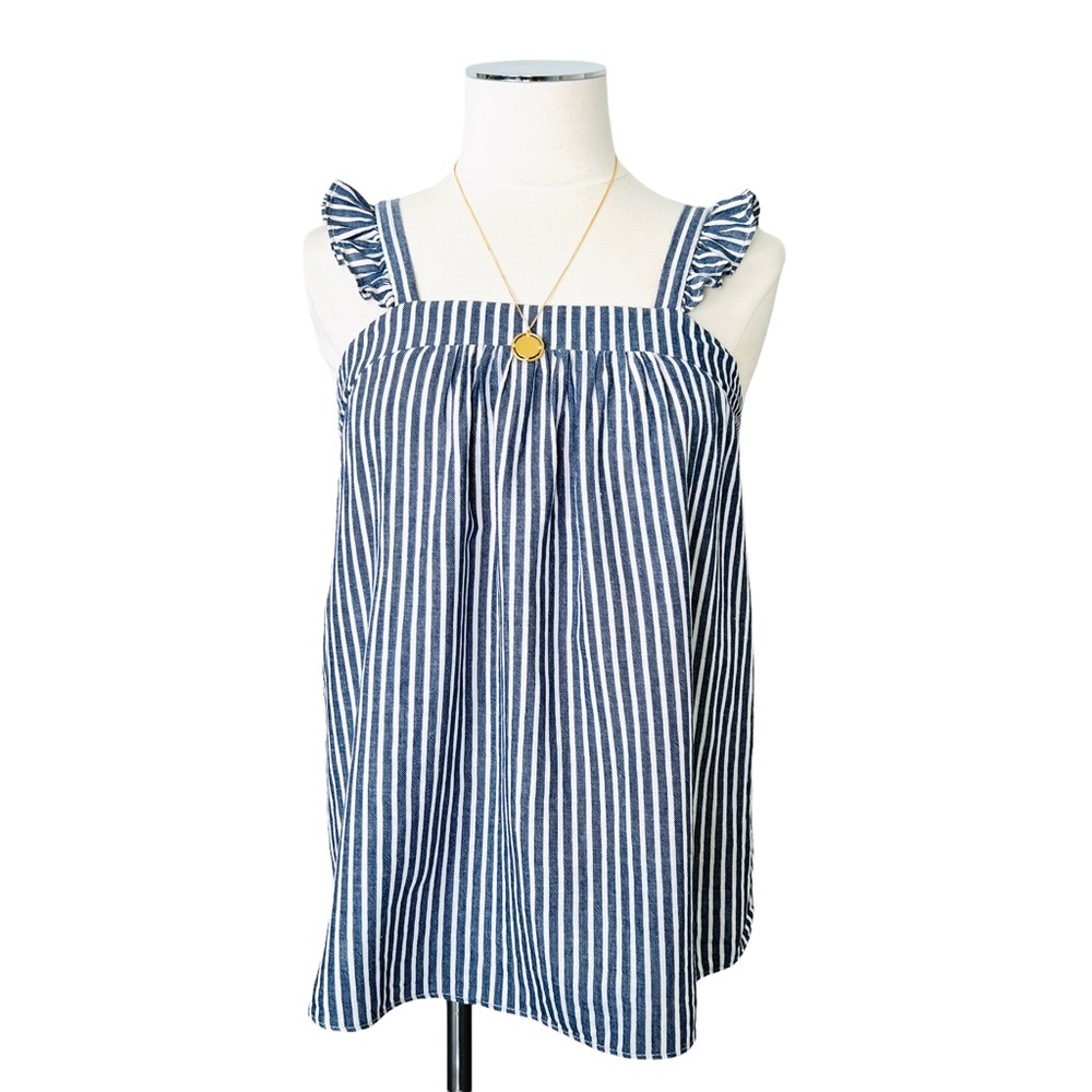 OLD NAVY Women’s Blue White Striped Linen Top Ruffle Shoulder Cotton Blend Sz XS